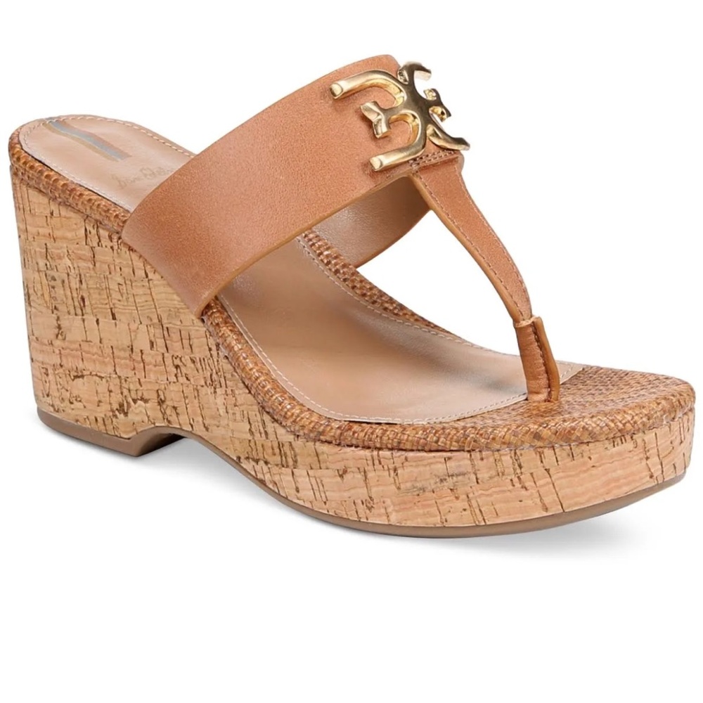 Sam Edelman Yardlie Cuoio Brown Wedge Heel Leather Strap Slip On Heeled Sandals